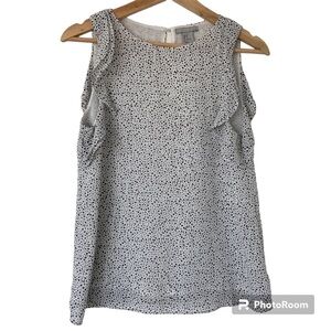 H&M WHITE/BLACK POLKA DOT SLEEVELESS TOP/BLOUSE WITH RUFFLE DETAILS/KEYHOLE, 2